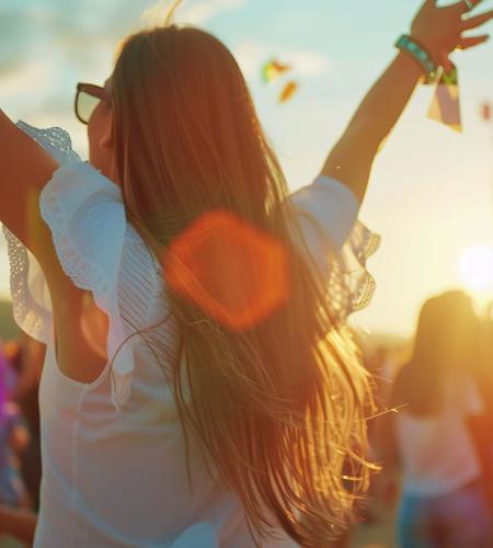 Attractive young beautiful woman dancing at a music festival party.